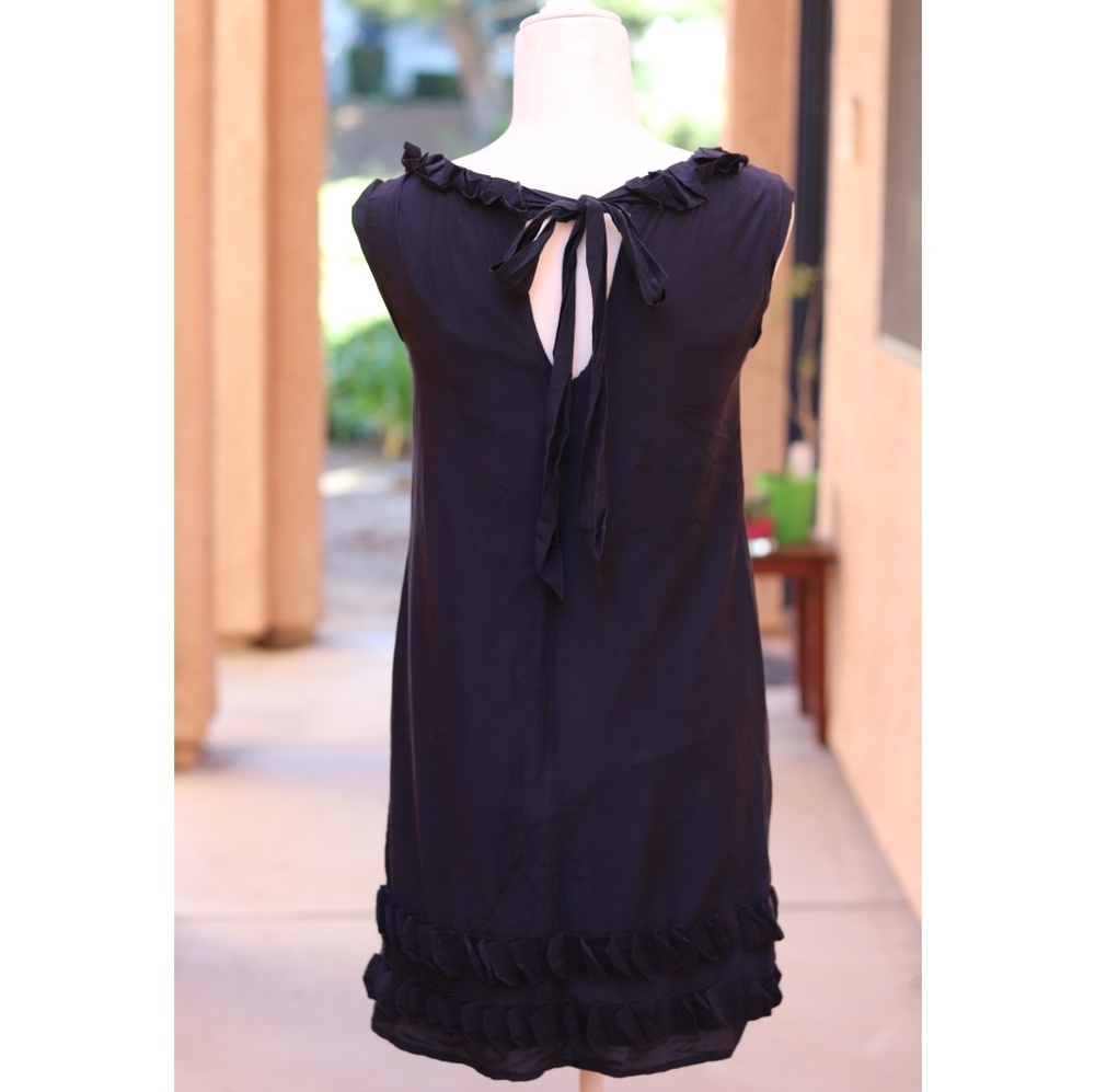 Loft | navy silk cotton ruffle pleat bow dress